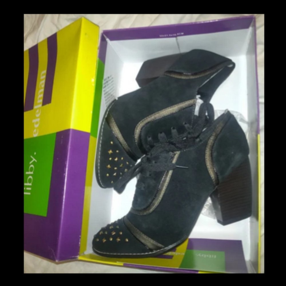 Libby Edelman Black Suede Studded Ankle Booties